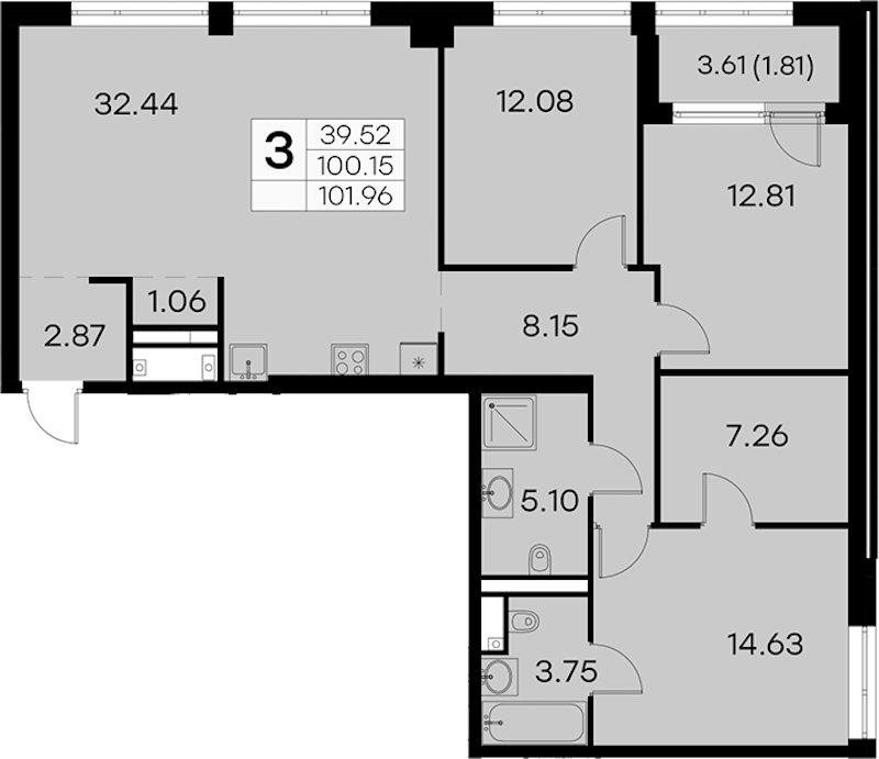 3-комнатная квартира 101.96 м², 3/19 эт., ЖК «GloraX Aura Vasileostrovsky»